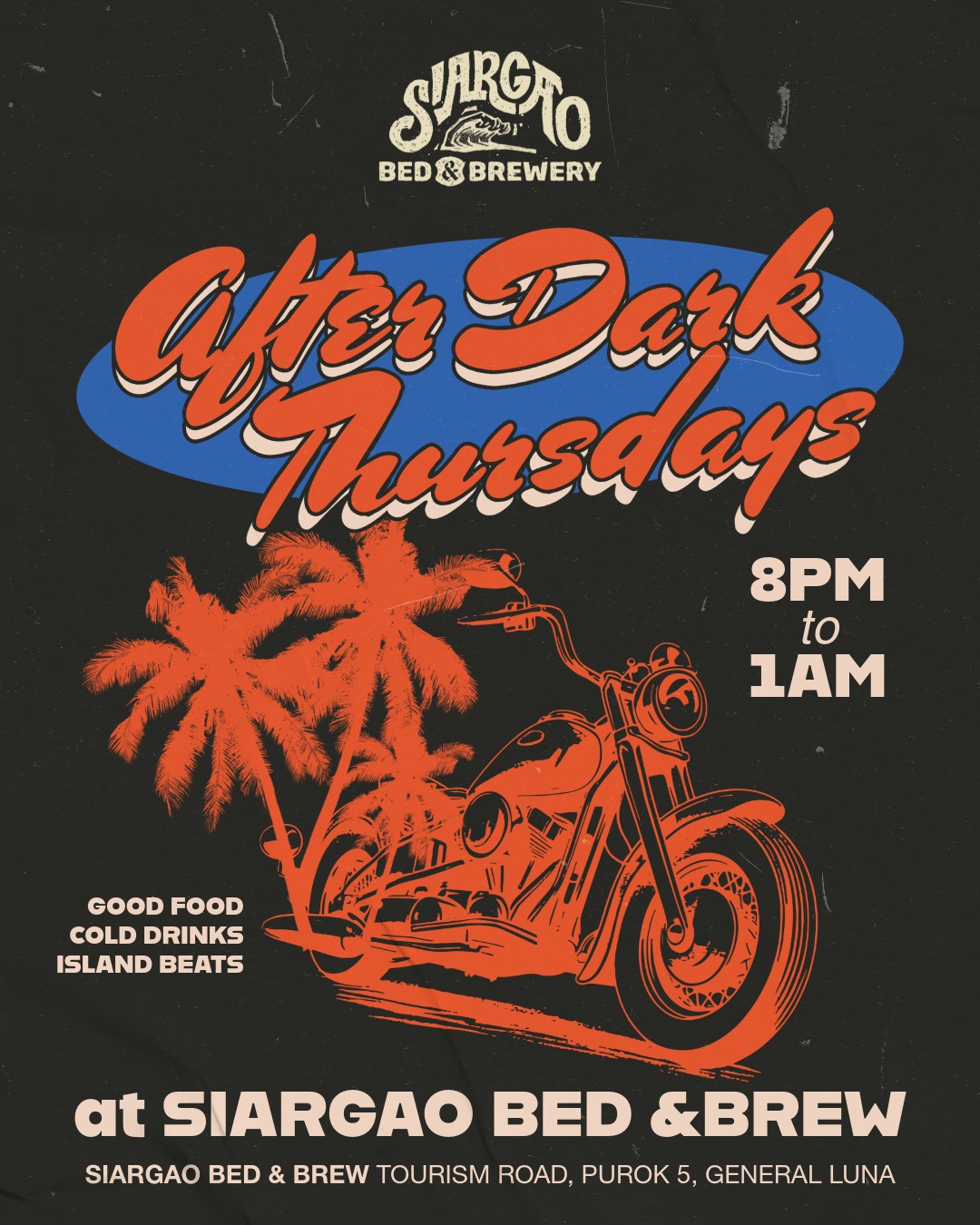 After Dark Thursdays poster: every Thursday, 8pm to 1am, at Siargao Bed & Brewery