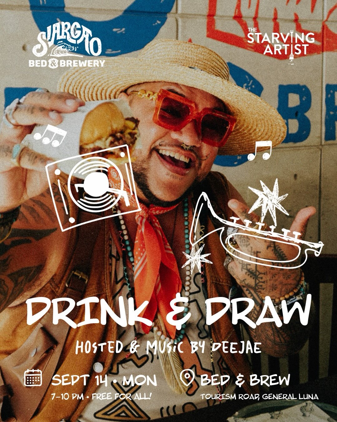 Drink & Draw poster: Mondays from 7pm at Siargao Bed & Brewery, hosted with music by DeeJae