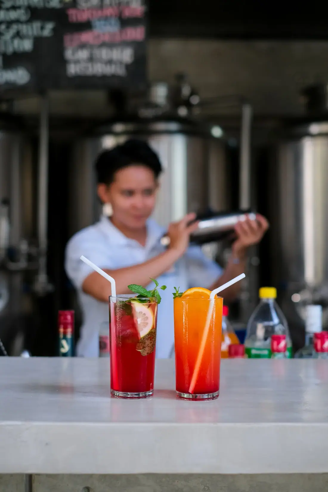 Four drinks on a wooden table