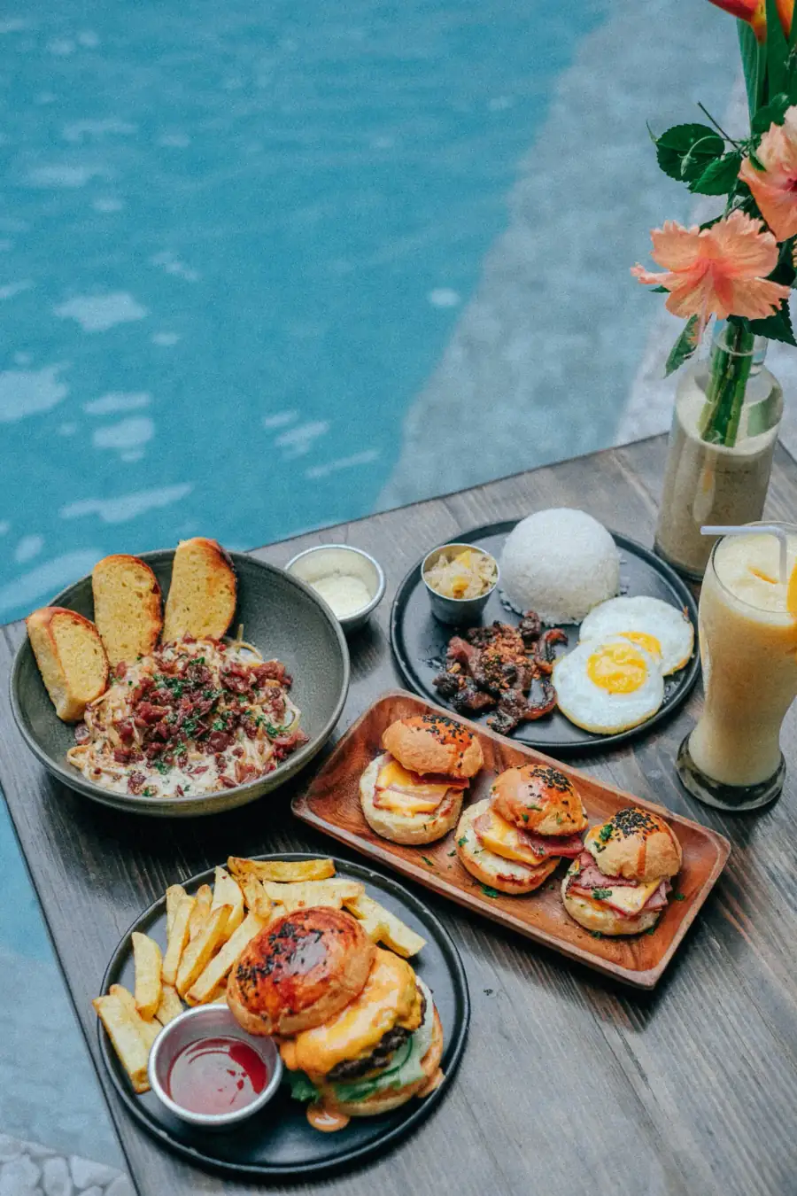 Food beside the courtyard pool